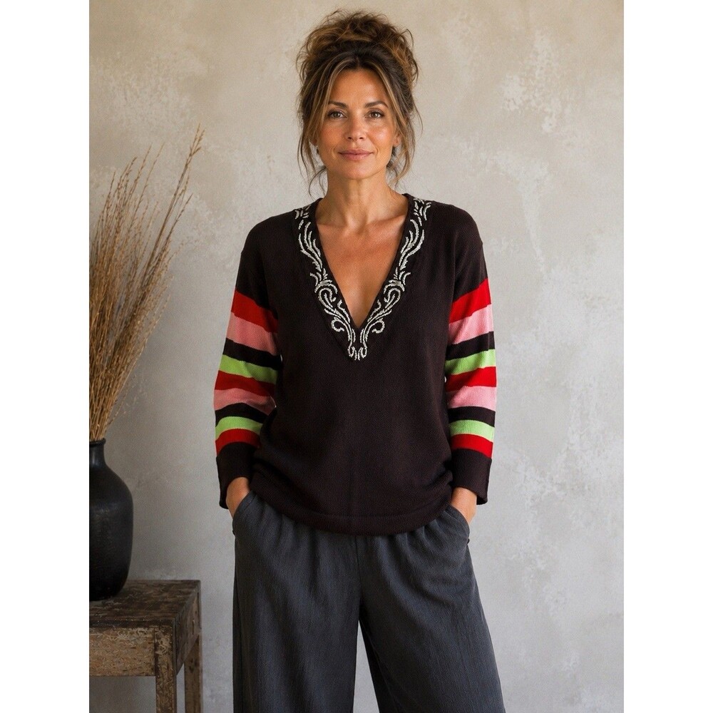 IISLI Cashmere Pullover Sweater Stripe Bell Sleeve Silver Embroidery Size Large